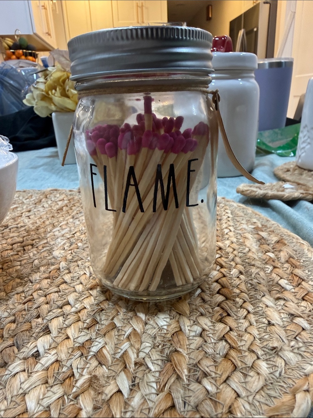Rae Dunn Clear Glass Match Jar with Pink Match Tips